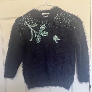 Zara Black Fuzzy Sweater with Green Accents